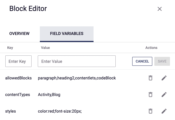 Screenshot of several example field variable settings.