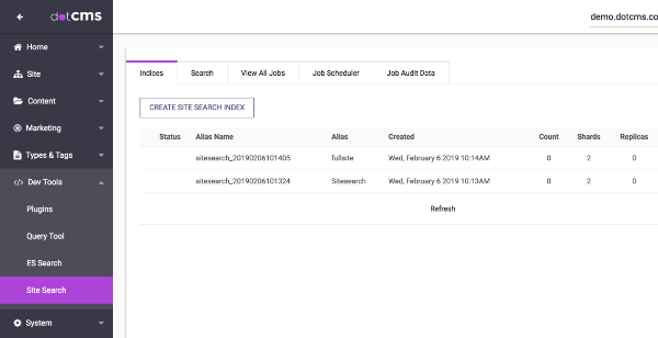 The Indices tab shows you all current Site Search indexes