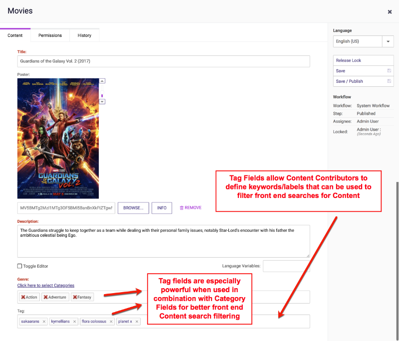 The Tag field displays when adding new Content